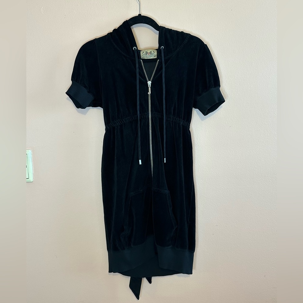 Juicy Couture Zip Up Dress: Black Suede with Hood and Ribbon